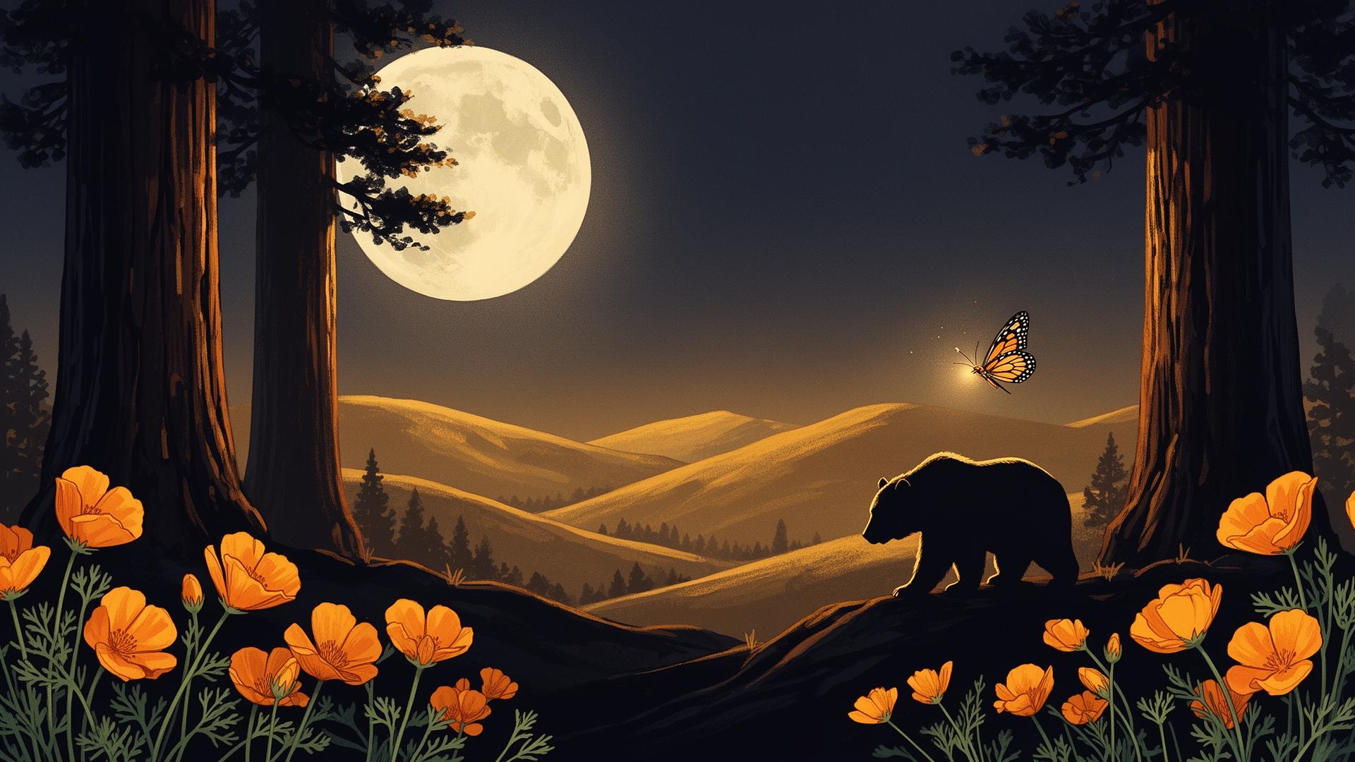 Moonlit California landscape with sequoias, grizzly bear, golden hills and poppies