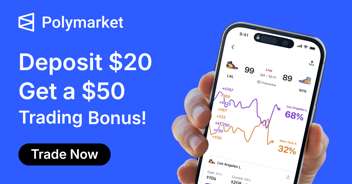 Polymarket — Deposit $20, get a $50 trading bonus with code CAPREDICTS. iPhone only.