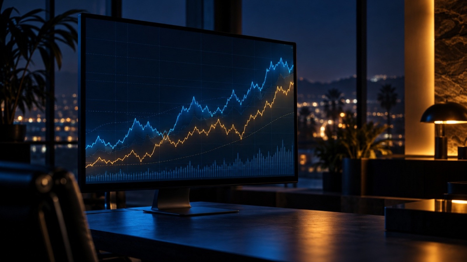 A desktop monitor with abstract blue and amber market curves in a dark room, with a warm lamp and distant Los Angeles lights.