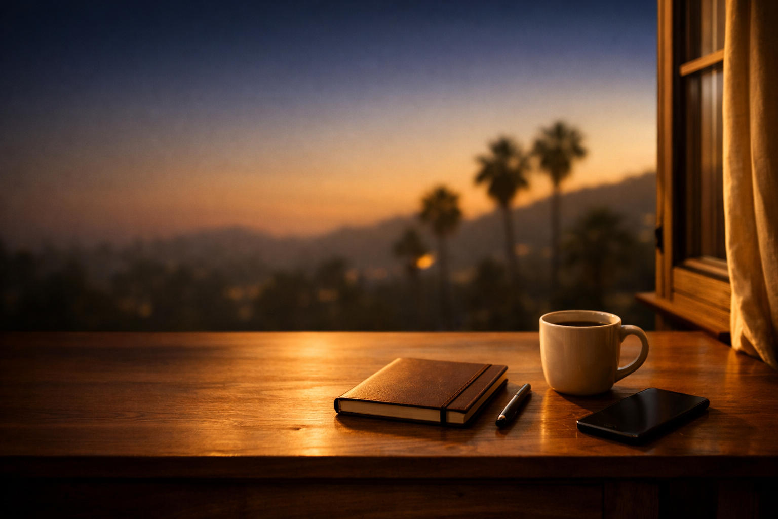 A notebook, pen, coffee cup and phone on a wooden desk by a window, with palm trees and hills at sunset outside.