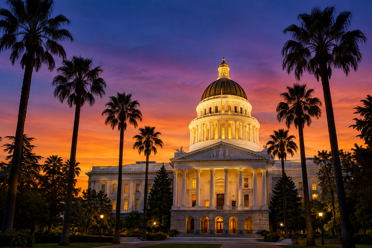 A white domed capitol with a dark dome and a columned front at dusk, framed by tall palm silhouettes under an orange and purple sky.