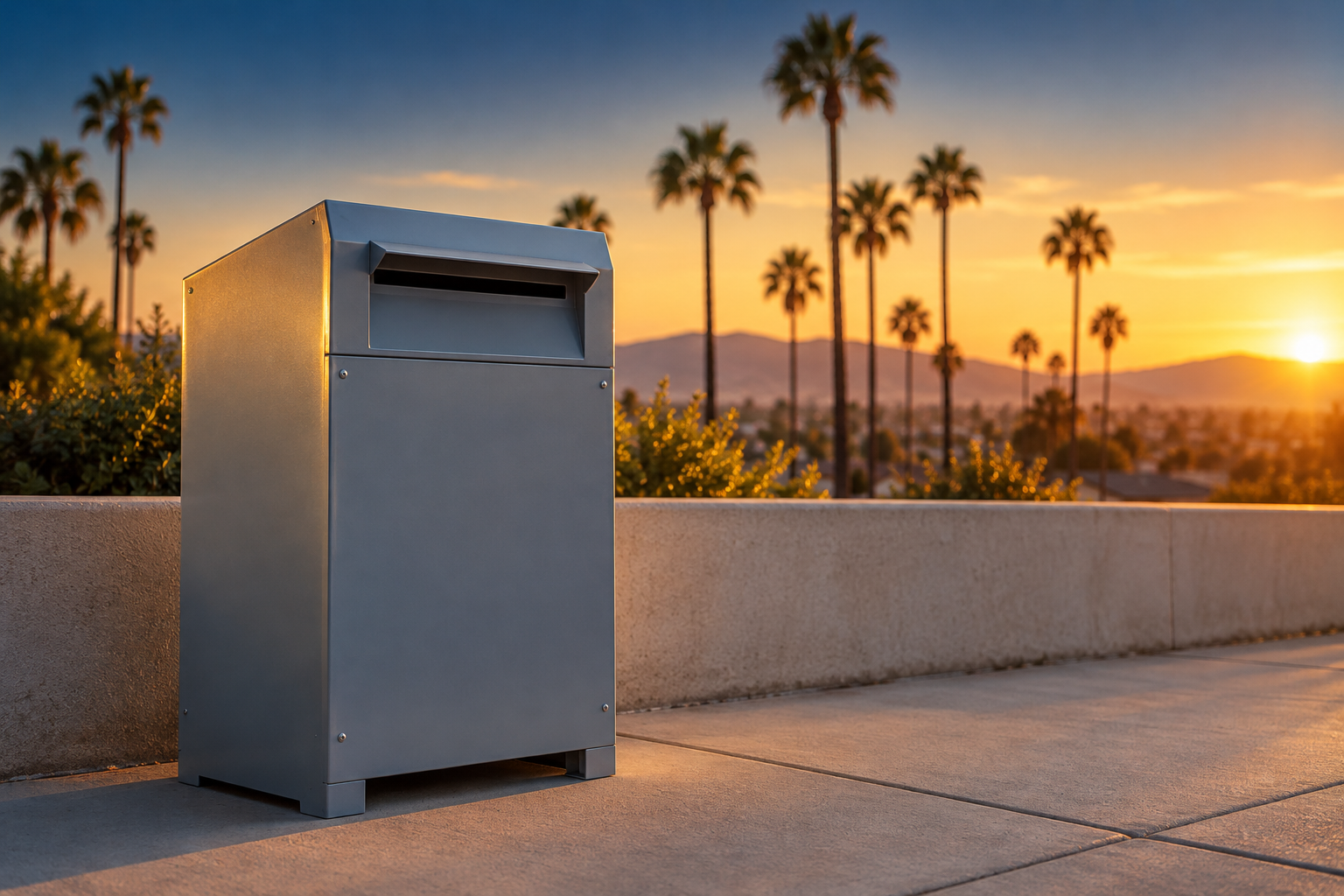 A plain grey ballot drop box on a sidewalk at sunset, with palm trees and hills glowing behind it.