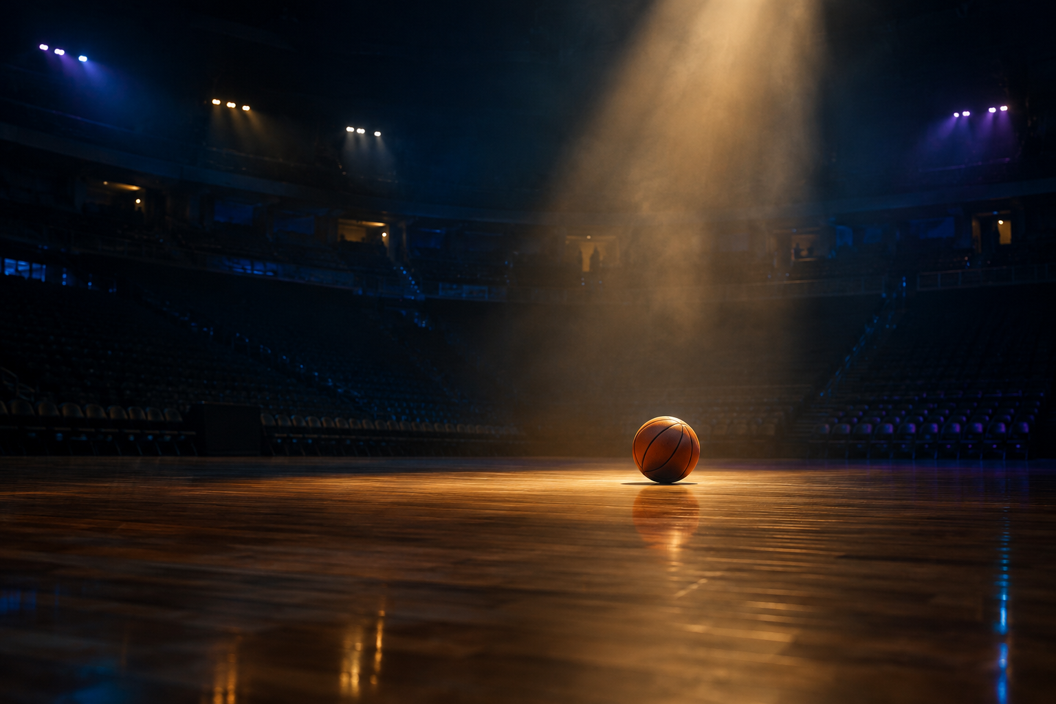 A basketball rests on an empty hardwood court under a single warm spotlight in a dark arena.